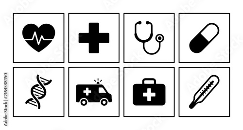 70 Set of 8 Medical Icons: Heartbeat, Cross, Stethoscope, Pill, DNA, Ambulance, First Aid Kit, Thermometer. Healthcare and Science Vector Graphics. 100