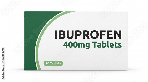 Ibuprofen 400mg tablets medicine box packaging isolated on white background