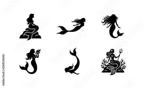 70 Set of 6 Black Mermaid Silhouettes, Mythical Sea Creatures, Fantasy Ocean Icons, Underwater Fantasy Art, Vector Graphics for Design 100
