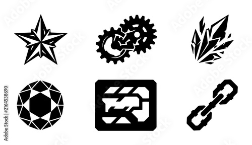 70 Modern Icon Set: Star, Gears, Crystals, Gemstone, Chip, Chain Link - Vector Graphics for Technology and Industry Concepts 100