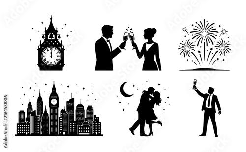 70 New Year's Eve Celebration Icons: Clock, Couple Toasting, Fireworks, Cityscape, Kissing Couple, Man with Champagne, Vector Graphics for Festive Design 100