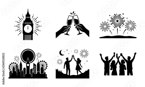 70 Celebration Icons Set: London Skyline, Fireworks, Toasting Glasses, Silhouettes, New Year, Party Vector Graphics 100
