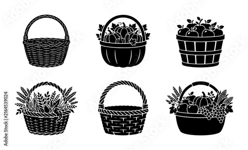 70 Harvest Baskets Vector Icons Set: Autumn Produce, Wicker Containers, Fall Harvest Collection, Rustic Farm Goods 100