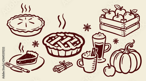 Vintage autumn food illustrations, rustic apple pie and pumpkin vector set, cozy fall harvest icons for seasonal menus