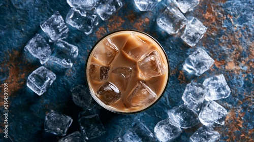 A top-down composition where scattered ice cubes naturally guide the eye toward a central iced coffee glass