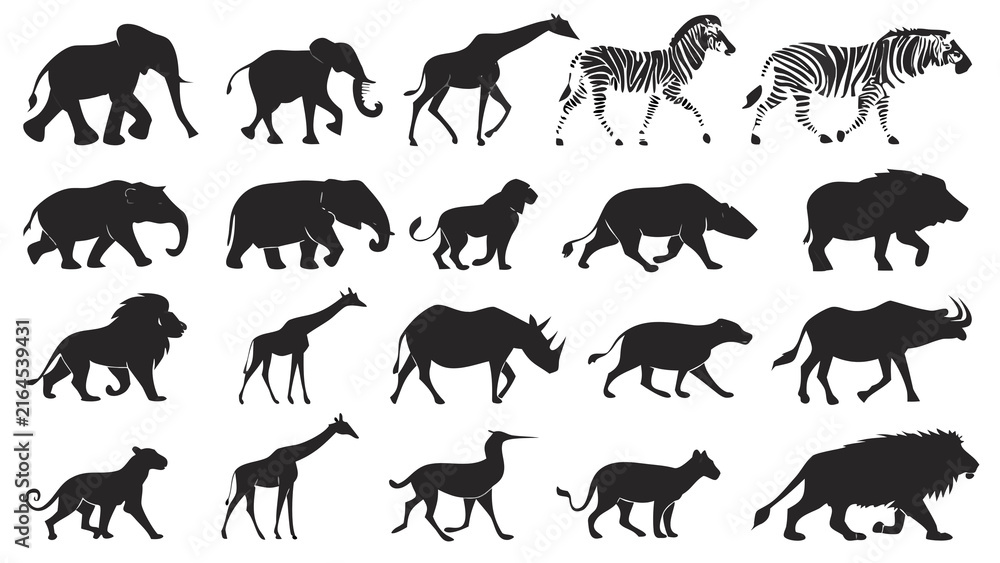 Obraz premium Wild Animals Silhouette Collection Set of Wildlife Animal Shapes for Nature, Safari, Forest and Decorative Design