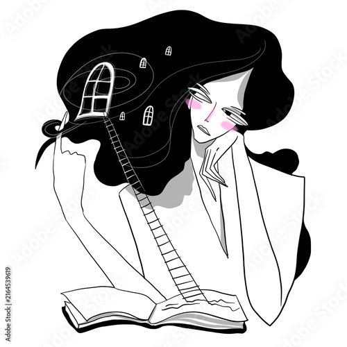 Surreal woman escaping into her inner world, with doors and a ladder leading through her hair. Conceptual illustration about imagination, introspection, reading and solitude.