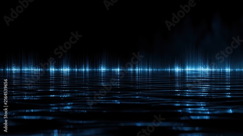 Nighttime Calm Scene with Bright Blue Illuminations Reflecting on Water Surface, Creating a Tranquil and Serene Environment for Relaxation and Contemplation