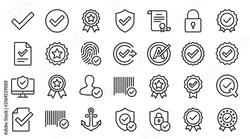 Set of Thin Line Vector Icons Representing Verification Approval and Quality Assurance Symbols