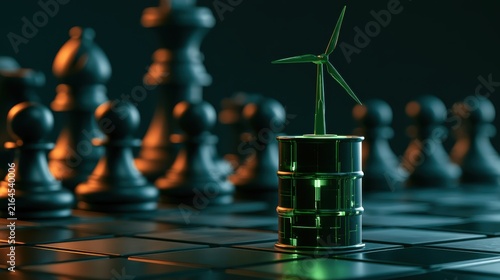 Green Energy Concept with Wind Turbine on Oil Barrel Surrounded by Chess Pieces Symbolizing the Tension between Renewable Energy and Fossil Fuels