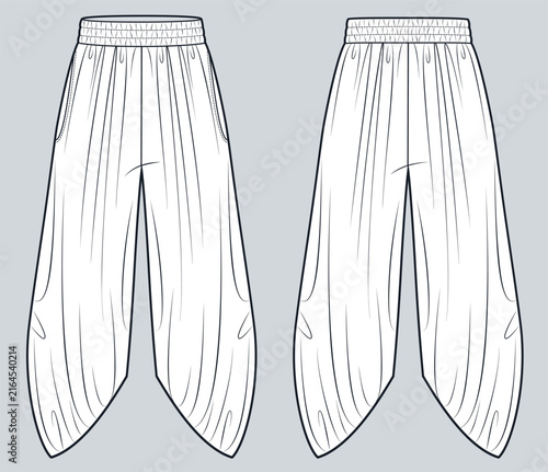 Tulip Hem Harem Pants Fashion Flat CAD Mockup, Outline