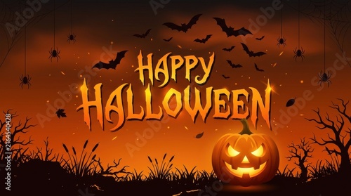 Happy halloween greeting card with a glowing pumpkin and bats in dark night