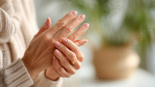 Older woman holding her painful wrist and hand, illustrating arthritis, joint pain, aging, rheumatic disease, mobility challenges, healthcare and orthopedic treatment.
