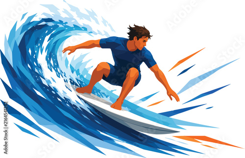 Canvas Print Surfer riding a wave with abstract motion lines surfing