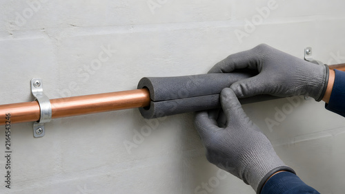 Hands Installing Foam Insulation on a Copper Hot Water Pipe