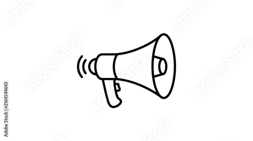 Canvastavla Simple black and white line art icon of a megaphone with sound waves, symbolizing announcement, communication, or public address