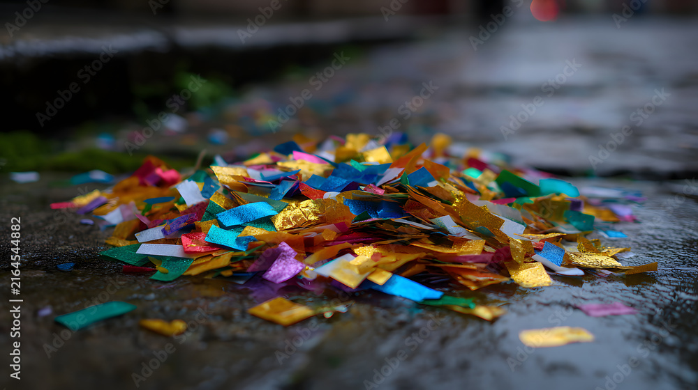 Fototapeta premium Colorful metallic confetti scattered on wet pavement after a celebration. Macro shot of festival debris on a rainy city street.