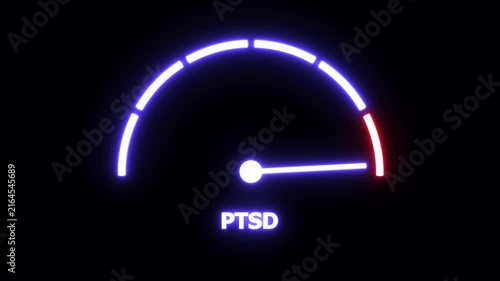 Animated neon ptsd stress level gauge indicator rising to critical levels on a dark background, for mental health, awareness, psychological trauma, assessment, clinical therapy, and emotional