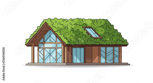 Modern Eco House with Green Roof and Large Windows.