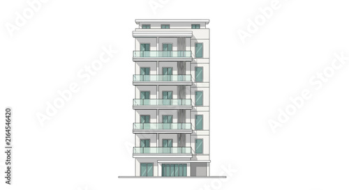 Modern High Rise Apartment Building Facade Sketch.