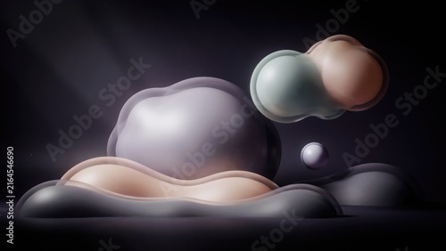 Floating abstract liquid spheres displaying soft pastel tones against dark minimalist atmospheric background studio composition with moody minimalist environment