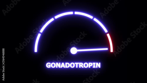 Neon glowing gonadotropin level gauge indicator motion displaying hormonal fluctuations and biological measurement data for medical research, clinical diagnostics, and endocrinology presentations