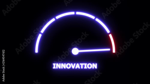 Dynamic neon innovation gauge dashboard featuring a glowing digital speedometer needle moving across a futuristic progress scale for high-tech business growth, creative development, and data analysis