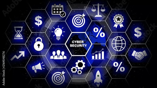 Advanced cyber security digital interface featuring glowing hexagonal global network connectivity, data protection symbols, and futuristic technology for corporate information systems security