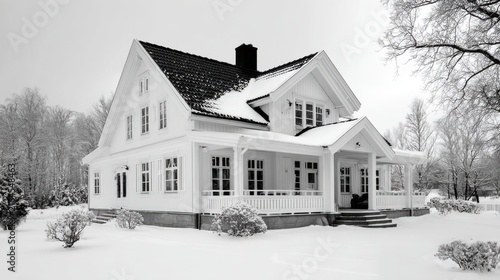 Snow Covered White House Surrounded by Winter Wonderland Landscape