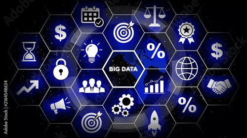 Advanced big data analytics and digital transformation concept featuring futuristic hexagonal network interface with global business financial growth metrics, and corporate strategy connectivity