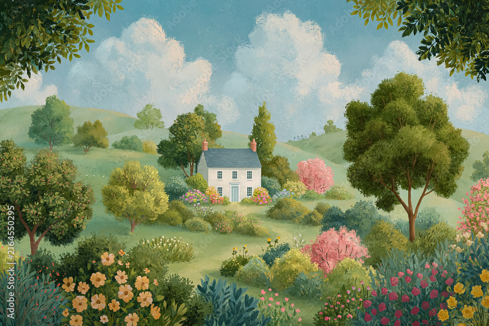 Fototapeta premium Idyllic countryside cottage nestled in a vibrant blooming garden, surrounded by green rolling hills and fluffy clouds
