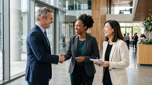 Three Business Partners Shaking Hands and Laughing After Closing Deal in Modern Office Lobby