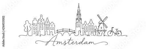 Amsterdam Skyline Continuous Line Art with Famous Dutch Landmarks