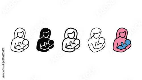Set of motherhood icons depicting a mother holding her baby with line art and flat color design styles