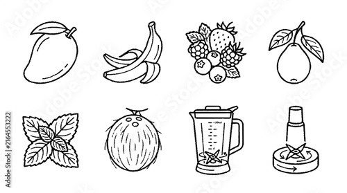 Set of hand drawn style outline fruit and smoothie preparation equipment vector icons collection with kitchen appliances smoothies