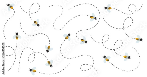 Bees flying on a dotted route, insect icon