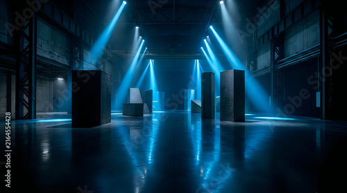 Empty industrial warehouse interior with blue spotlight illumination
