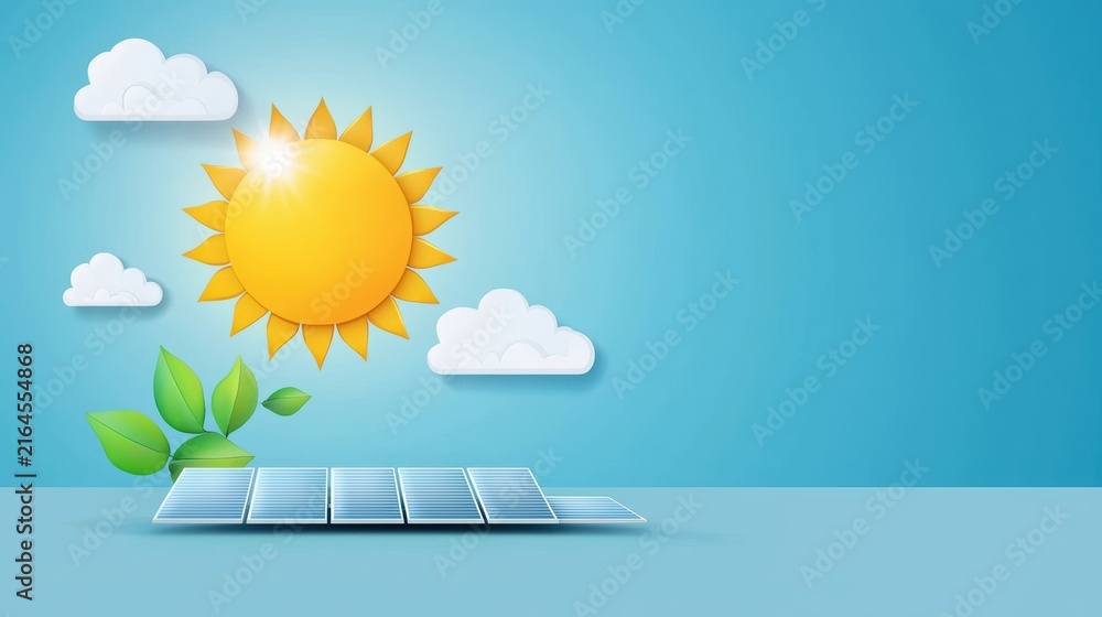 Fototapeta premium Sustainability Energy Efficiency Icon Solar panel with a bright sun and green leaves, blue sky background, symbolizes clean energy and sustainable power generation
