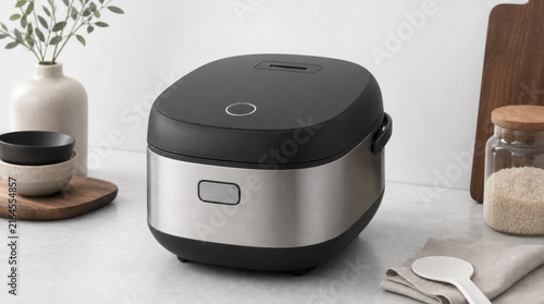 A modern stainless steel rice cooker sits on a kitchen counter, surrounded by bowls, wooden spoons, a cutting board, and a vase with green leaves.