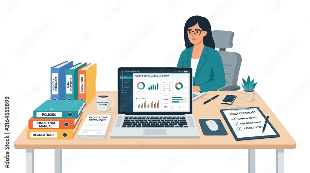 Fototapeta premium A Professional Woman Working on Compliance Audits at Her Organized Office Desk with Financial Data Charts on Laptop Screen