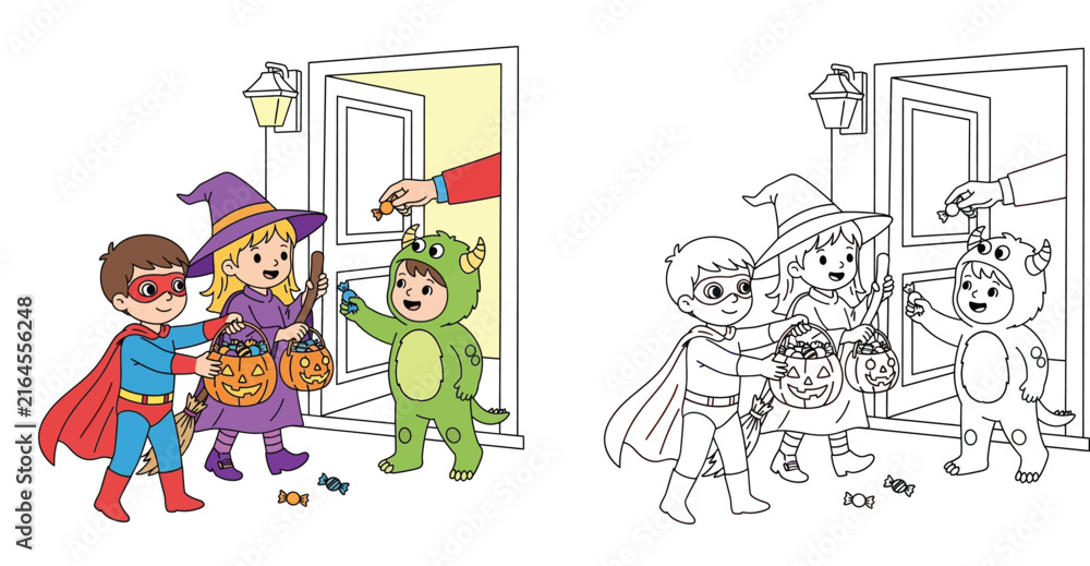 Fototapeta premium Cute cartoon kids trick or treating at door in Halloween costumes vector set with colored scene and black and white coloring page outline.