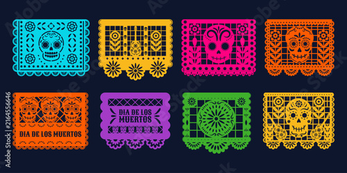 Set of paper flags for traditional Mexican papel picado garland. Mexican national holiday, Day of the Dead, dia de los Muertos. Papel picado cutting templates, festive paper bunting flags.