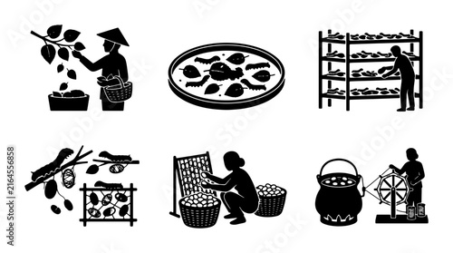 Obraz na plátně Silk Production Process Icons, Sericulture Farming Collection, Mulberry Leaf Har