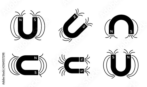 Fotografie Set of six horseshoe magnets with visible magnetic field lines, N and S poles la