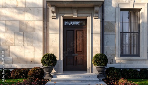 Straight-on eye-level view of a classic luxury estate entrance featuring a dark wooden front door with transom window, carved stone portico, and beige limestone wall cladding. Symmetrical potted topia