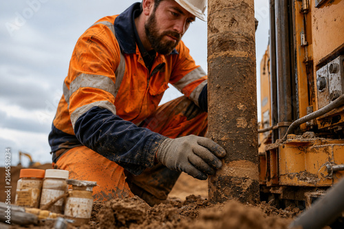 Construction Worker Performing Precise Site Measurement with Surveying Tools
