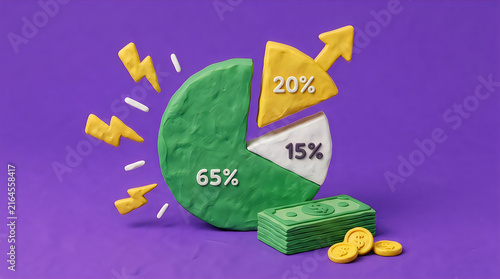 Claymation financial pie chart with growth indicators and money