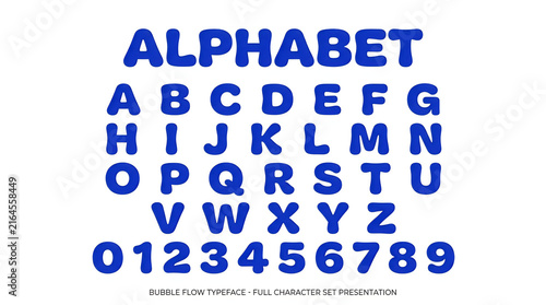 Full set of blue bubble flow typeface alphabet and numbers