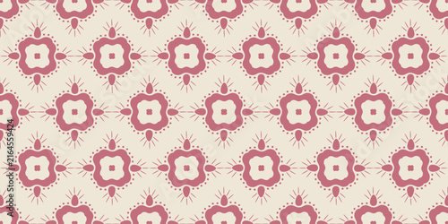 Abstract seamless pattern with floral motifs in soft pink on cream background. Minimalist symmetrical and geometrical repeating texture for wallpaper and wrapping paper design. Vector illustration