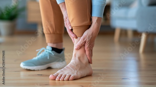 Elderly person experiencing ankle pain and discomfort at home indoor setting concept